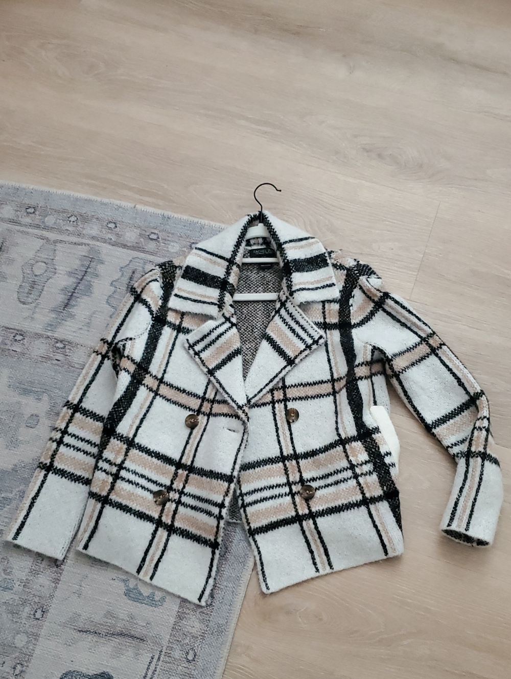 Rachel Zoe plaid double-breasted jacket fuzzy sweater blazer Top SzXS